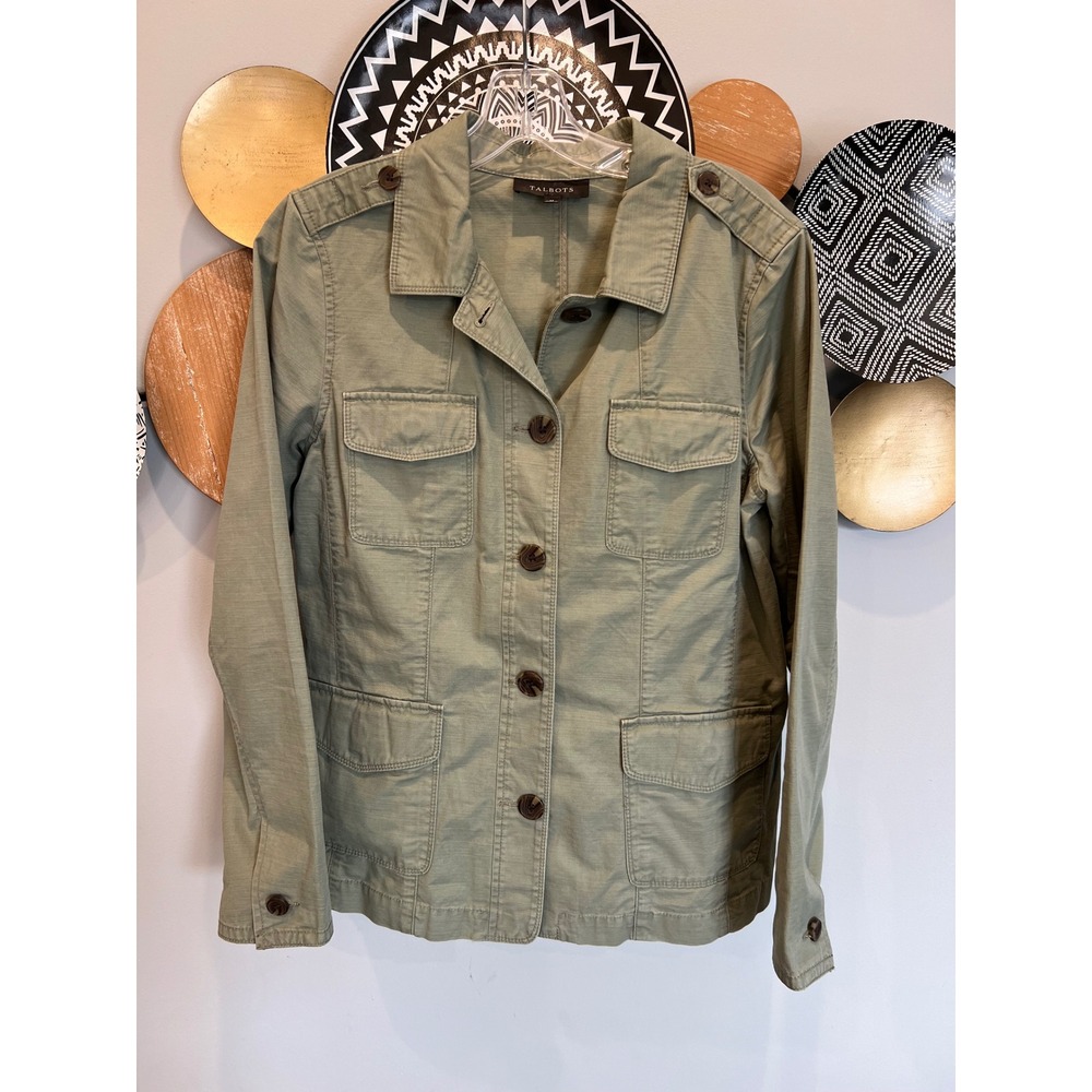 Talbots Womens Medium Sage Green Cotton Utility Field Jacket Button Front Pocket